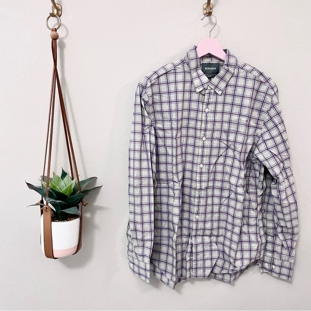 Bonobos Grey and Purple Plaid Long Sleeve Button Down Shirt Slim Fit Size L